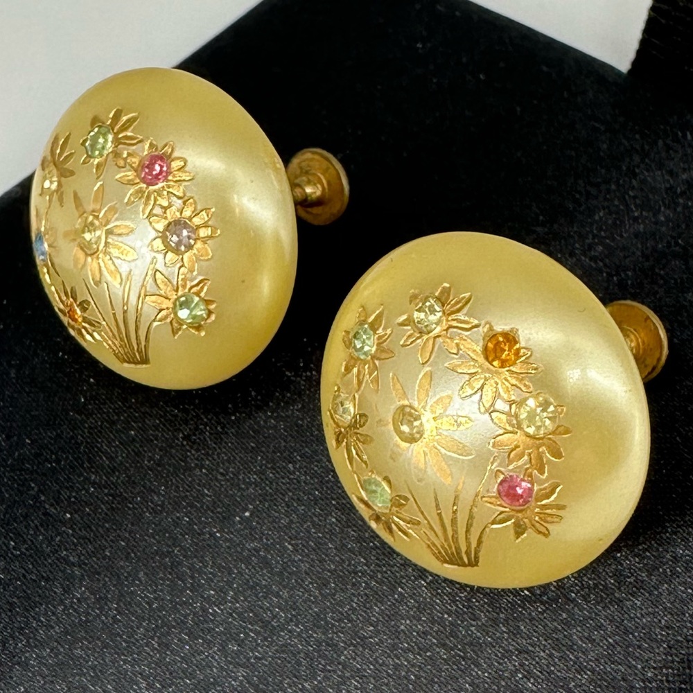 VINTAGE Multicolored Rhinestone Pearlescent Screwback nonpierced Earrings - Picture 9 of 11